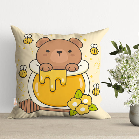 Honey Pillow Cover|Bee Cushion Case|Bear and Honey Pillowcase|Decorative Pillowtop|Boho Bedding Decor|Outdoor Cushion Case|Kids Throw Pillow