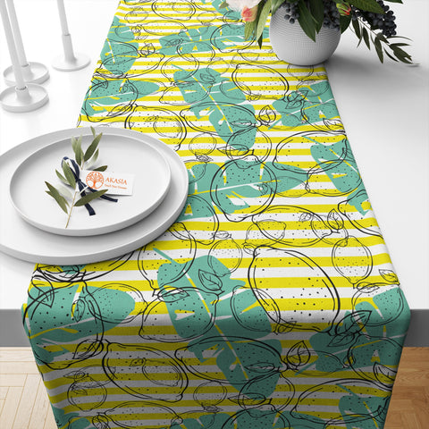 Fruit Table Runner|Pineapple Tablecloth|Red Berry Tabletop|Grape Home Decor|Farmhouse Kitchen Decor|Housewarming Striped Lemon Table Runner
