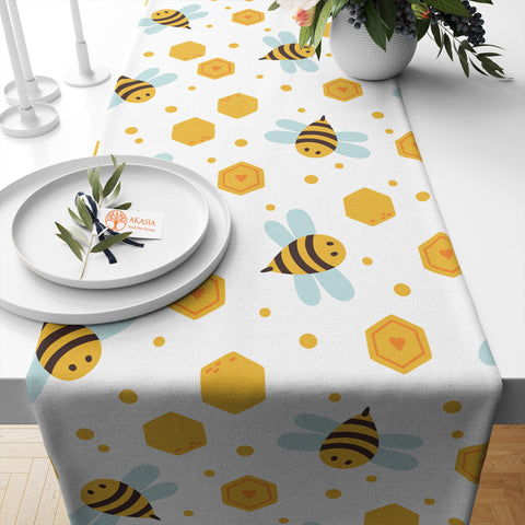 Bee Table Runner|Floral Bee Runner|Farmhouse Bee Print Tabletop|Decorative Stylish Tablecloth|Summer Table Runner|Housewarming Table Decor