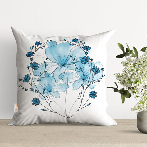 Blue Floral Pillow Cover|Summer Cushion|Decorative Pillowtop|Boho Bedding Decor|Cozy Pillowcase|Outdoor Cushion Case|Flower Print Pillow