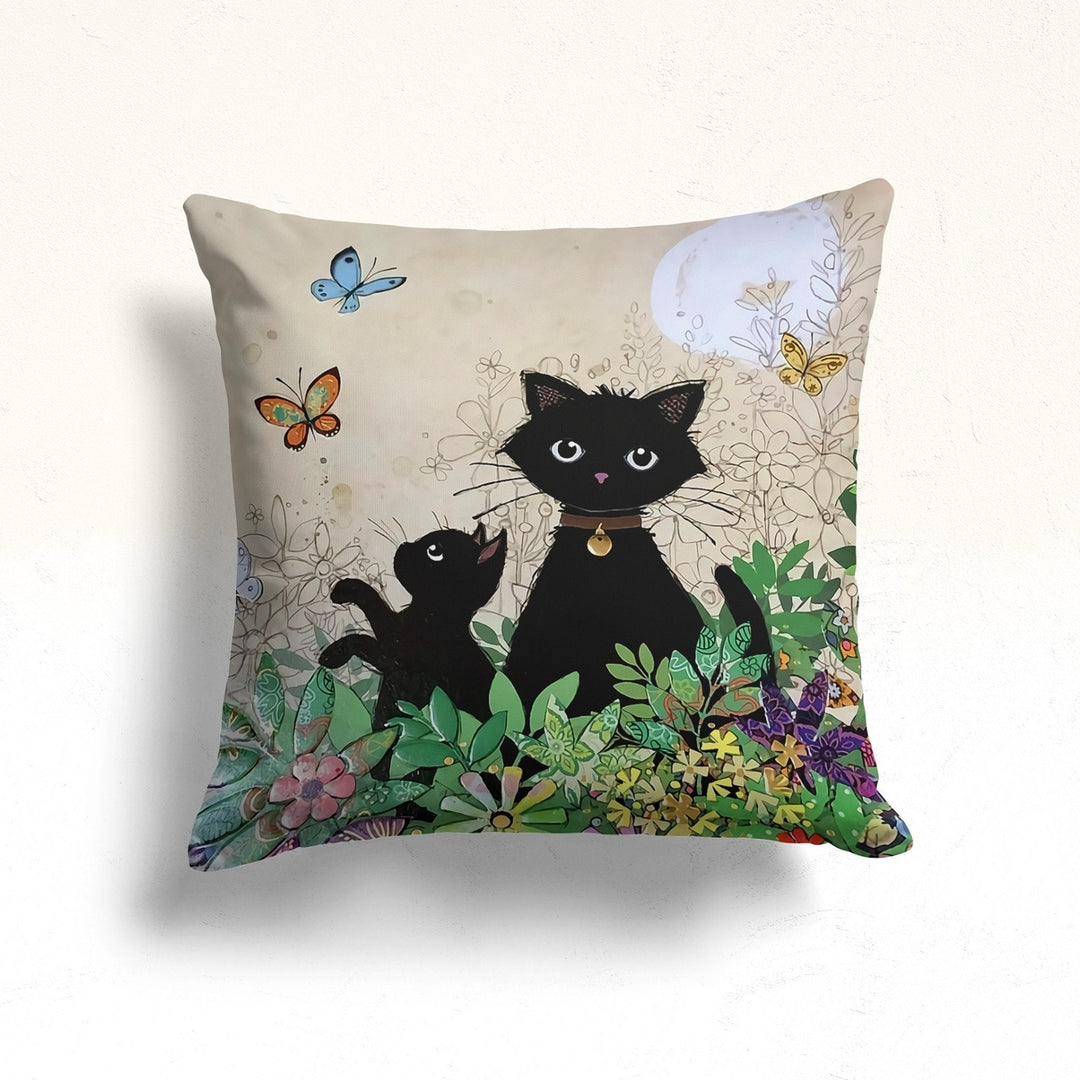 Floral Cat Pillow Case|Cat Cushion Cover|Black Cat, Bird and Butterfly Pillowtop|Animal Sofa Decor|Outdoor Pillow Case|Cozy Home Decor