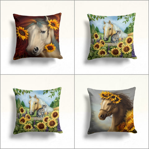 Horse Throw Pillow Case|Sunflower Cushion Cover|Decorative Cushion Case|Housewarming Decor|Farmhouse Outdoor Pillow Cover|Porch Cushion Case