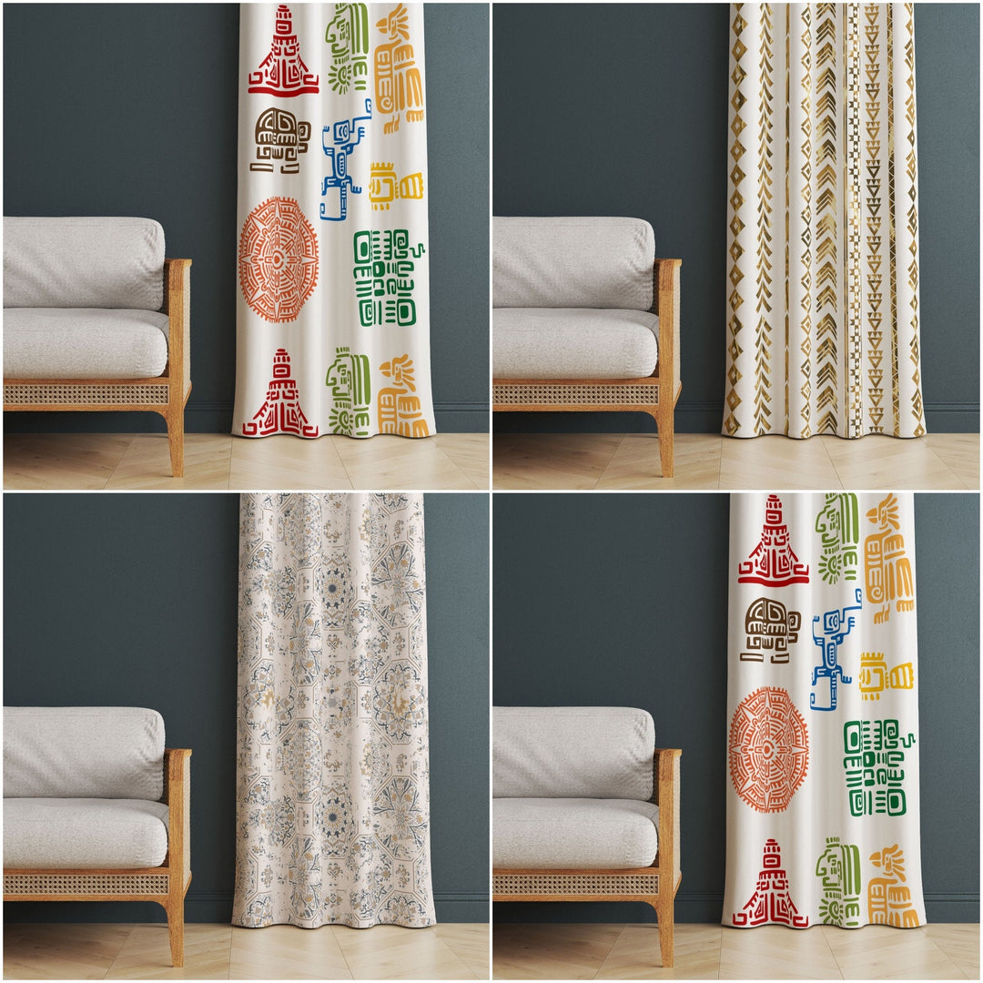 Ethnic Abstract Curtain|Farmhouse Living Room Curtain|Thermal Insulated Decorative Panel Window Curtain|Rustic Authentic Window Decor