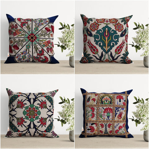 Turkish Tulip Tile Pattern Pillow Cover|Decorative Rug Tapestry Pillowcase|Housewarming Rug Throw Pillow Top|Authentic Woven Cushion Cover