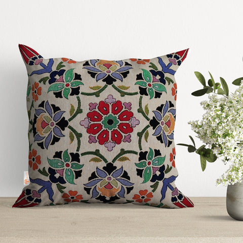 Turkish Tulip Tile Pattern Pillow Top|Gobelin Tapestry Pillowcase|Woven Ethnic Throw Pillow Cover|Handmade Rug Design Outdoor Cushion Case