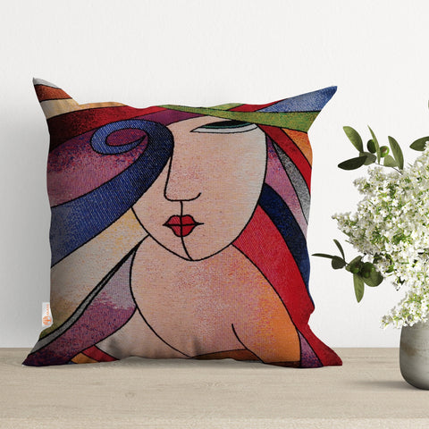Girls Tapestry Pillow Cover|Decorative Pillowcase|Abstract Woman Gobelin Cushion|Housewarming Throw Pillowtop|Handmade Outdoor Pillow Case