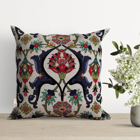 Turkish Tulip Tile Pattern Pillow Cover|Gobelin Tapestry Pillowcase|Woven Ethnic Throw Pillow Top|Handmade Authentic Outdoor Cushion Case