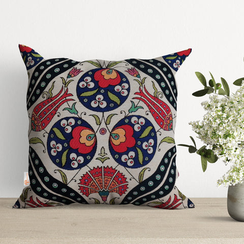 Turkish Tulip Tile Pattern Cushion Cover|Gobelin Tapestry Pillowcase|Woven Ethnic Throw Pillow Top|Rug Design Authentic Outdoor Cushion Case