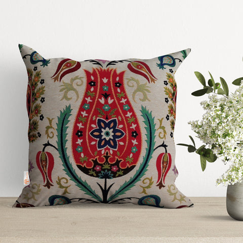 Turkish Tulip Tile Pattern Pillow Covers|Decorative Tapestry Pillowcases|Housewarming Floral Gobelin Throw Pillows|Woven Kilim Cushion Case