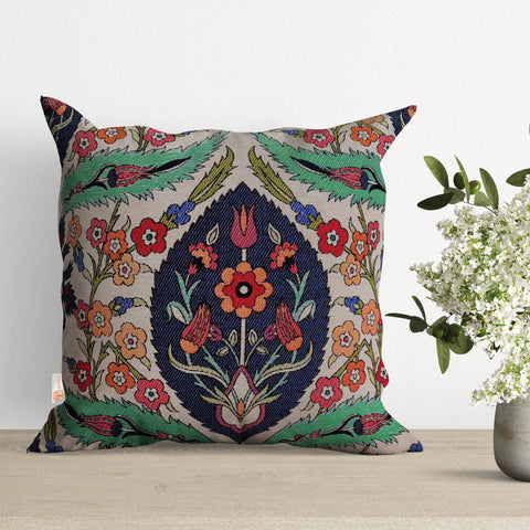 Tile Pattern Pillow Cover|Decorative Floral Gobelin Tapestry Pillow|Farmhouse Style Decor|Colorful Throw Pillowcase|Handmade Outdoor Cushion