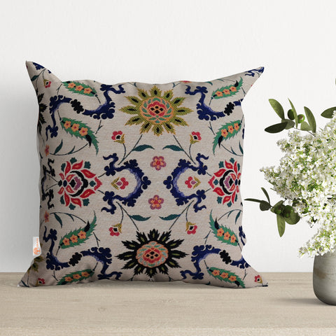 Tile Pattern Pillow Cover|Decorative Floral Gobelin Tapestry Pillow|Farmhouse Style Decor|Colorful Throw Pillowcase|Handmade Outdoor Cushion