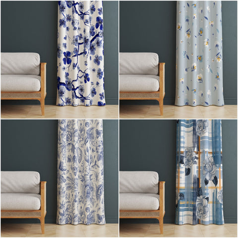 Bluish Floral Curtain|Thermal Insulated Floral Window Treatment|Flower Painting Home Decor|Rustic Window Decor|Boho Living Room Curtain