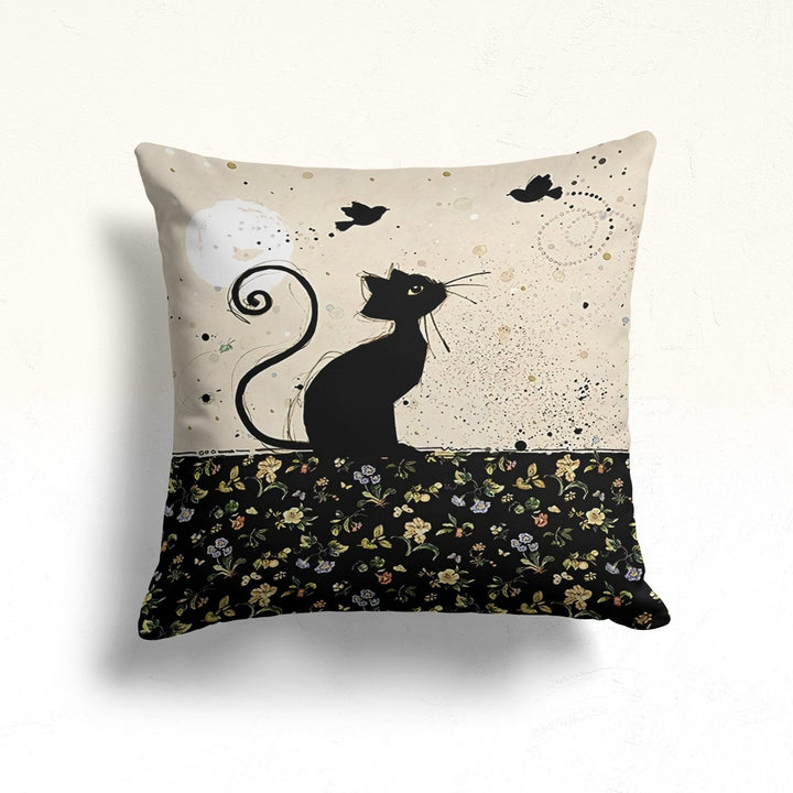 Floral Cat Pillow Case|Cat Cushion Cover|Black Cat, Bird and Butterfly Pillowtop|Animal Sofa Decor|Outdoor Pillow Case|Cozy Home Decor