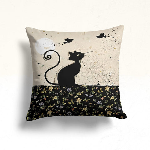 Floral Cat Pillow Case|Cat Cushion Cover|Black Cat, Bird and Butterfly Pillowtop|Animal Sofa Decor|Outdoor Pillow Case|Cozy Home Decor