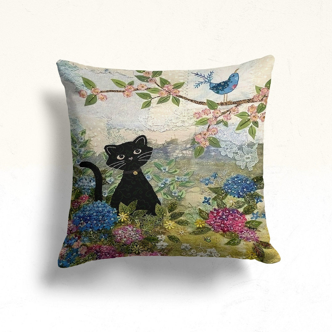 Floral Cat Pillow Case|Cat Cushion Cover|Black Cat, Bird and Butterfly Pillowtop|Animal Sofa Decor|Outdoor Pillow Case|Cozy Home Decor