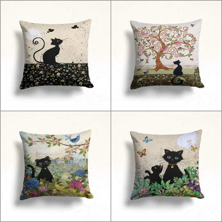 Floral Cat Pillow Case|Cat Cushion Cover|Black Cat, Bird and Butterfly Pillowtop|Animal Sofa Decor|Outdoor Pillow Case|Cozy Home Decor