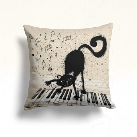 Musician Cat Pillow Case|Cat Cushion Cover|Black Cat Pillowtop|Animal Sofa Decor|Outdoor Pillow Case|Cozy Home Decor|Porch Cushion Case