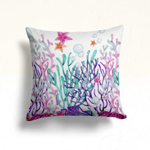 Nautical Throw Pillow Case|Coral Print Beach House Cushion|Seahorse Pillowcase|Starfish Pillowtop|Seashell Cushion|Coastal Cozy Pillow Cover
