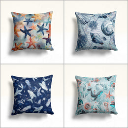 Beach House Throw Pillow Case|Starfish Print Nautical Cushion|Whale Pillowcase|Marine Pillowtop|Summer Cushion|Coastal Cozy Pillow Cover