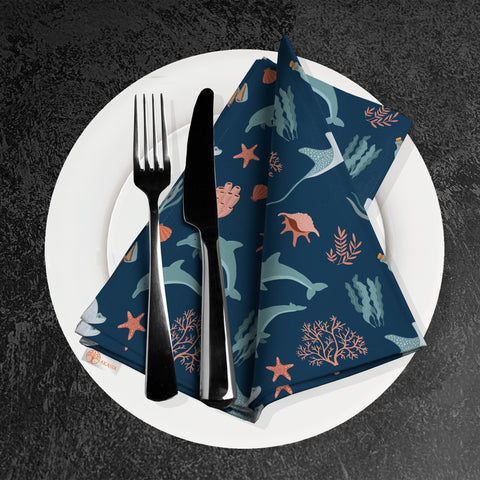 Nautical Fabric Napkin|Dolphin Handkerchief|Seahorse Cloth Serviette|Beach House Table Decor|Reusable Tableware|Jellyfish Coastal Napkin