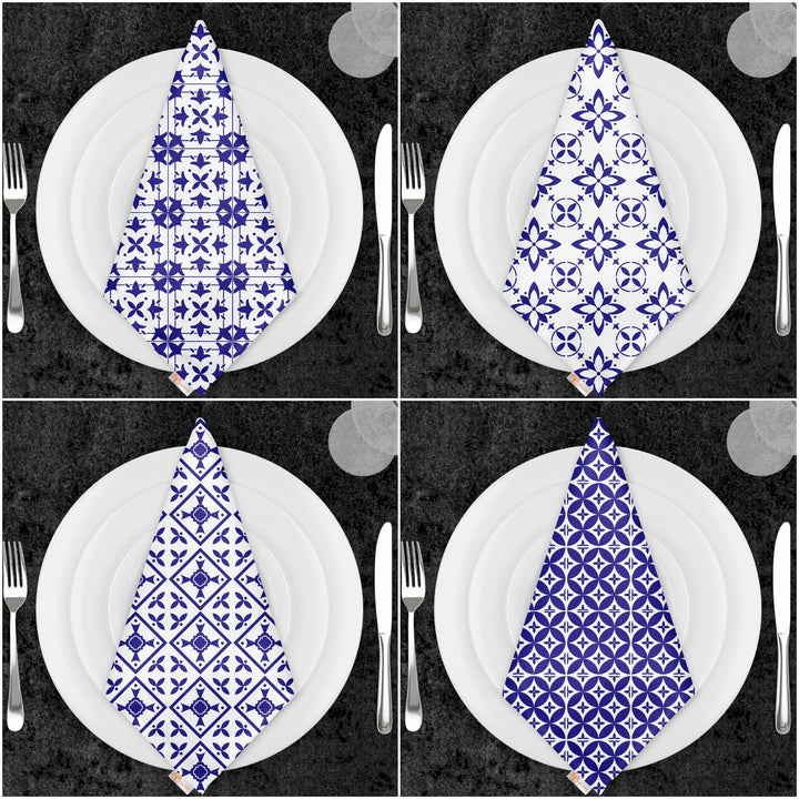 Tile Pattern Napkin|Abstract Geometric Napkin|Boho Cloth Serviette|Ethnic Handkerchief|Farmhouse Table|Reusable Tableware|Blue White Napkin