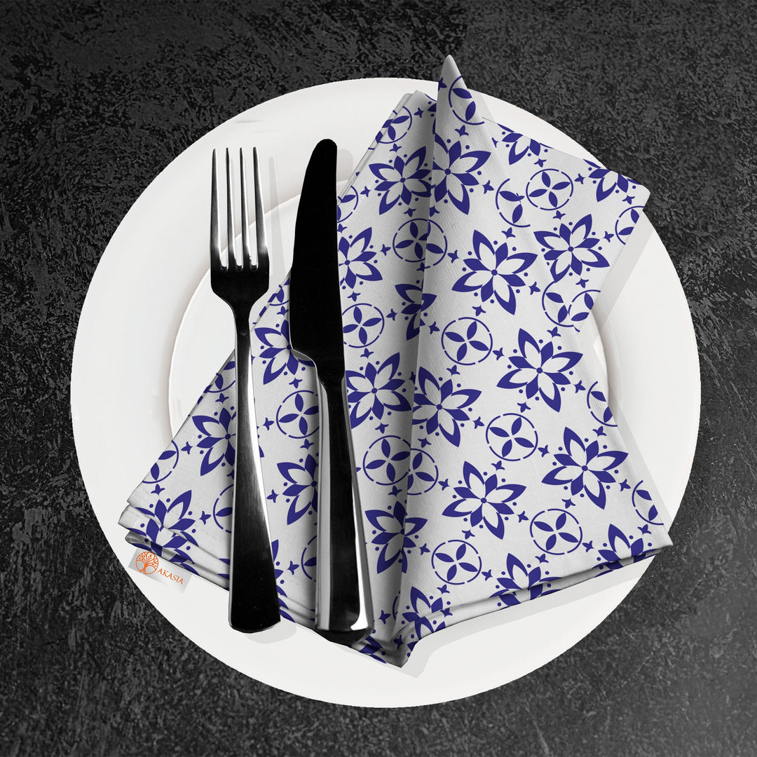 Tile Pattern Napkin|Abstract Geometric Napkin|Boho Cloth Serviette|Ethnic Handkerchief|Farmhouse Table|Reusable Tableware|Blue White Napkin