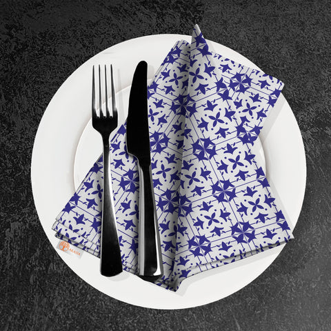 Tile Pattern Napkin|Abstract Geometric Napkin|Boho Cloth Serviette|Ethnic Handkerchief|Farmhouse Table|Reusable Tableware|Blue White Napkin