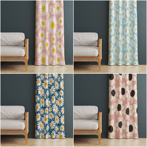 Daisy Print Curtain|Thermal Insulated Floral Window Treatment|Flower Painting Home Decor|Daisy Window Decor|Decorative Living Room Curtain