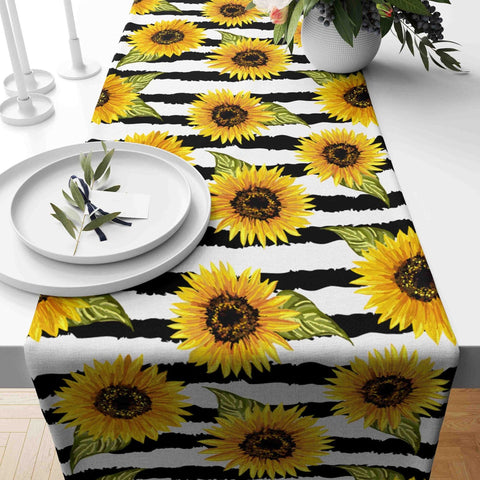 Sunflower Table Runner|Summer Tablecloth|Striped Sunflower Decor|Housewarming Runner|Farmhouse Floral Print Tabletop|Sunflower Tablecloth
