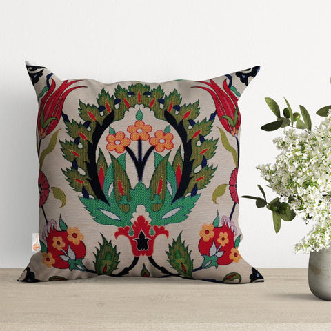 Turkish Tulip Tile Pattern Pillow Cover|Gobelin Tapestry Pillow Top|Woven Ethnic Throw Pillow Case|Handmade Rug Design Kilim Cushion Case