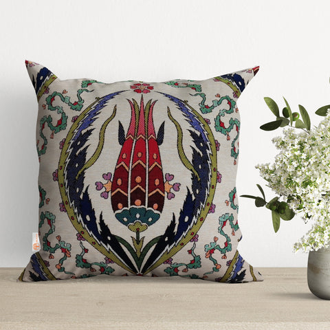 Turkish Tulip Tile Pattern Pillow Cover|Gobelin Tapestry Pillowcase|Woven Ethnic Porch Pillow Top|Handmade Authentic Outdoor Cushion Cover