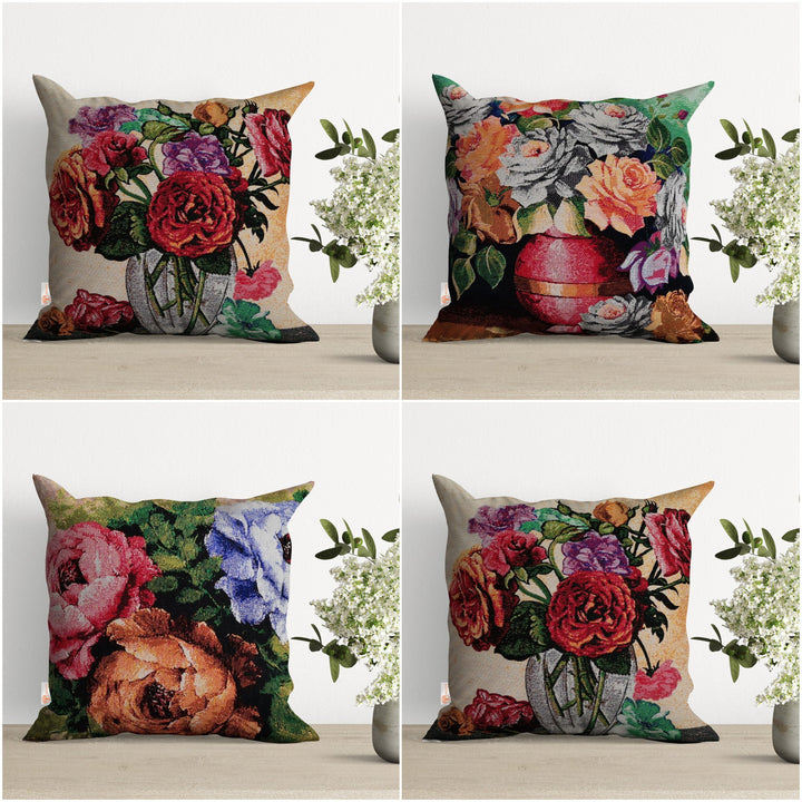 Floral Tapestry Pillow Covers|Rose Print Gobelin Throw Pillow Top|Housewarming Cushion with Flower|Woven Ethnic Design Outdoor Cushion Cover