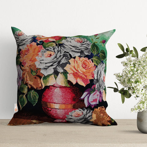 Floral Tapestry Pillow Covers|Rose Print Gobelin Throw Pillow Top|Housewarming Cushion with Flower|Woven Ethnic Design Outdoor Cushion Cover