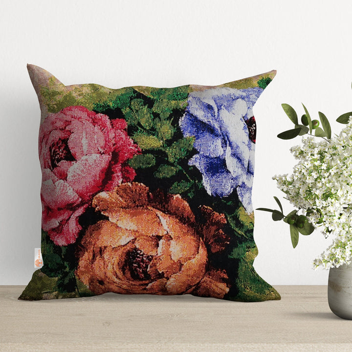 Floral Tapestry Pillow Covers|Rose Print Gobelin Throw Pillow Top|Housewarming Cushion with Flower|Woven Ethnic Design Outdoor Cushion Cover
