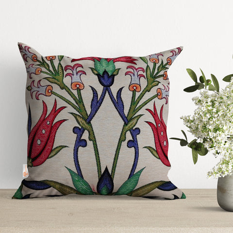 Turkish Tulip Tile Pattern Pillow Covers|Decorative Tapestry Pillowcases|Housewarming Floral Gobelin Throw Pillows|Woven Kilim Cushion Case