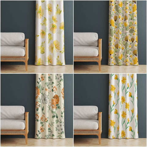 Yellow Floral Curtain|Decorative Thermal Insulated Floral Window Treatment|Flower Painting Home Decor|Leaf Decor|Rustic Living Room Curtain