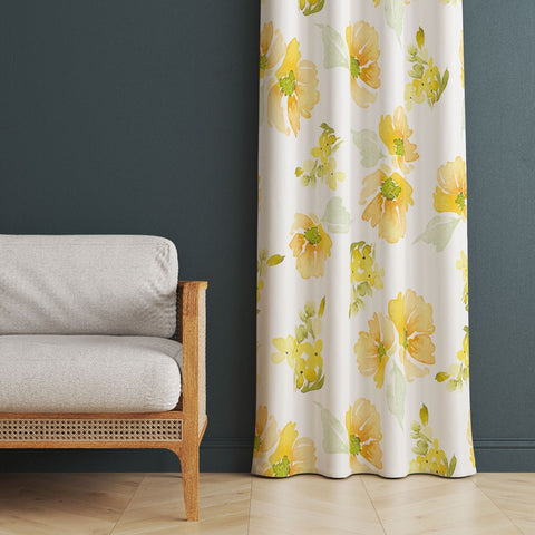 Yellow Floral Curtain|Decorative Thermal Insulated Floral Window Treatment|Flower Painting Home Decor|Leaf Decor|Rustic Living Room Curtain