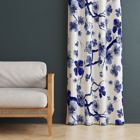 Bluish Floral Curtain|Thermal Insulated Floral Window Treatment|Flower Painting Home Decor|Rustic Window Decor|Boho Living Room Curtain