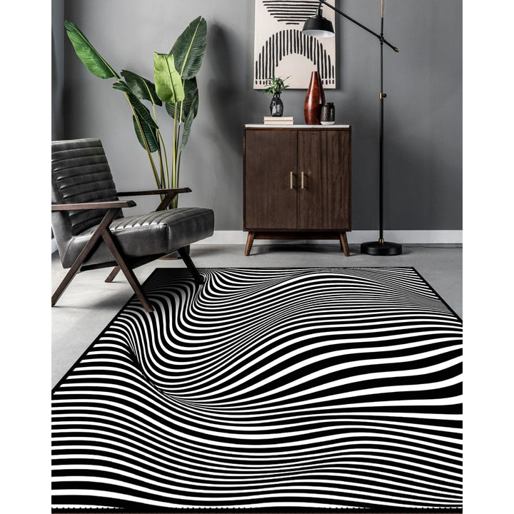 Optic Illusion Rug|Abstract Multi-Purpose Non-Slip Carpet|Black White 3D Illusion Area Rug|Illusion Carpet|Machine-Washable Rug