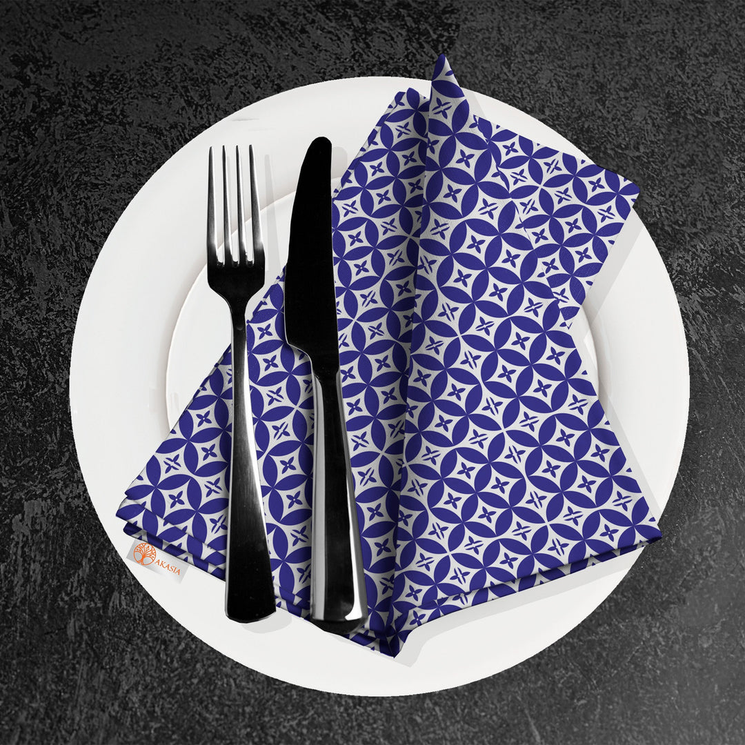 Tile Pattern Napkin|Abstract Geometric Napkin|Boho Cloth Serviette|Ethnic Handkerchief|Farmhouse Table|Reusable Tableware|Blue White Napkin