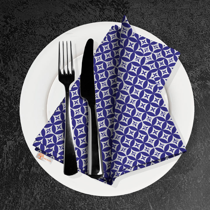 Tile Pattern Napkin|Abstract Geometric Napkin|Boho Cloth Serviette|Ethnic Handkerchief|Farmhouse Table|Reusable Tableware|Blue White Napkin