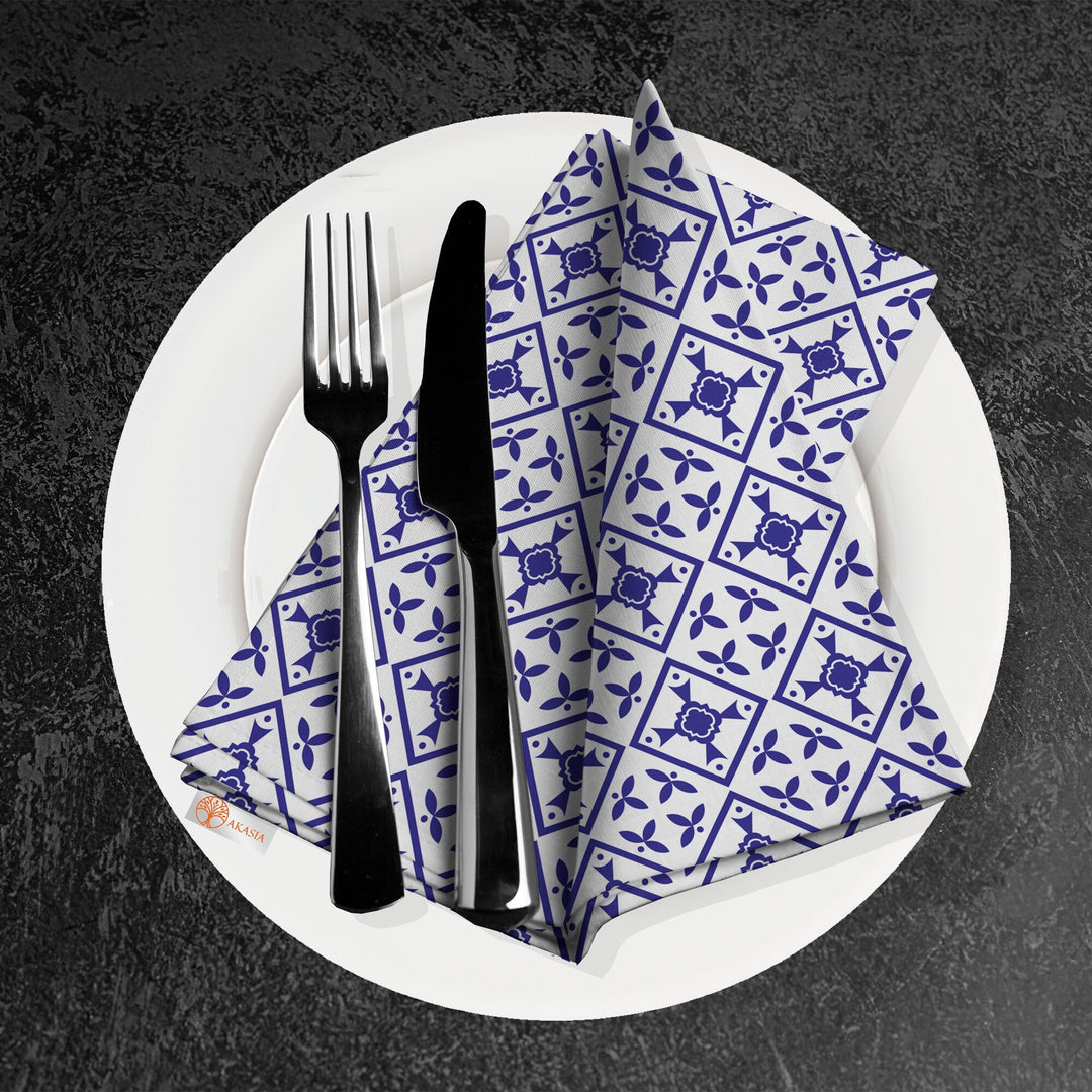 Tile Pattern Napkin|Abstract Geometric Napkin|Boho Cloth Serviette|Ethnic Handkerchief|Farmhouse Table|Reusable Tableware|Blue White Napkin