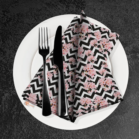 Pink Floral Fabric Napkin|Flower Handkerchief|Geometric Serviette|Farmhouse Table|Reusable Tableware|Housewarming Napkin|Zigzag Napkin