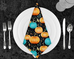 Pumpkin Print Napkin|Orange and Turquoise Pumpkin Napkin|Autumn Handkerchief|Farmhouse Autumn Tableware|Housewarming Fall Napkin