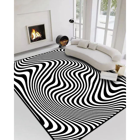 Line Illusion Carpet|Black White 3D Illusion Area Rug|Optical Illusion Rug|Machine-Washable Rug|Abstract Multi-Purpose Non-Slip Carpet