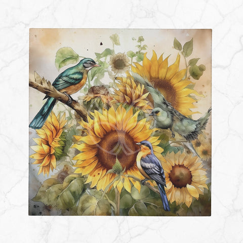 Sunflower Napkin|Fabric Fall Handkerchief|Bird Print Cloth Serviette|Farmhouse Autumn Tableware|Housewarming Napkin|Floral Napkin