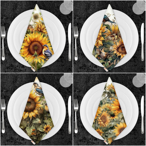 Sunflower Napkin|Fabric Fall Handkerchief|Bird Print Cloth Serviette|Farmhouse Autumn Tableware|Housewarming Napkin|Floral Napkin