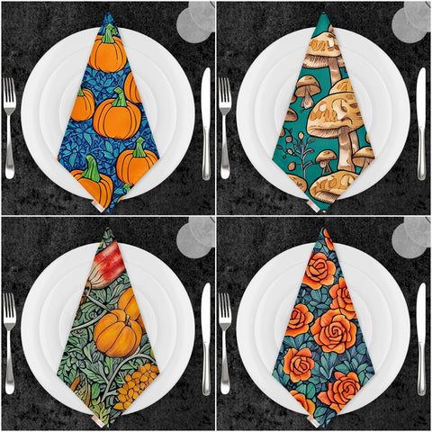 Fall Fabric Napkin|Pumpkin Print Napkin|Autumn Handkerchief|Mushroom Napkin|Farmhouse Autumn Tableware|Housewarming Floral Napkin