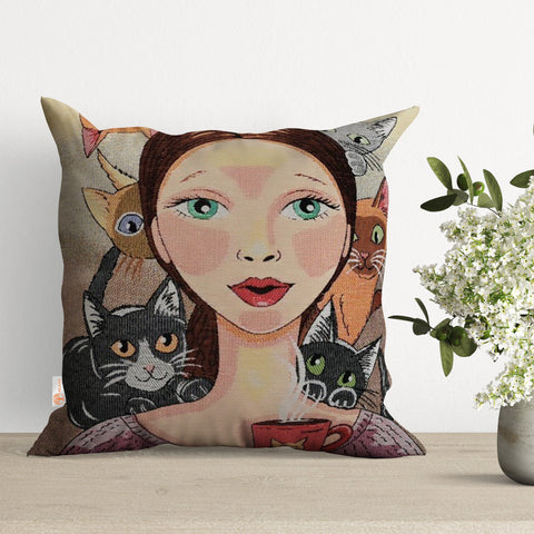 Cute Cats Tapestry Pillow Cover|Pretty Girl with Cats Pillowcase|Handmade Throw Pillow Top|Belgian Gobelin Cushion Cover|Woven Cushion Case