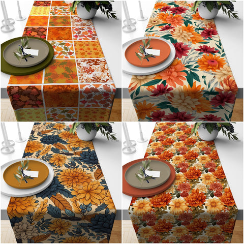 Floral Fall Table Runner|Flower Drawing Tablecloth|Leaf and Flower Print Table Decor|Farmhouse Style Tabletop|Housewarming Fall Home Decor